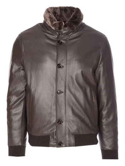 Moorer High Neck Jacket Fur Collar In Brown