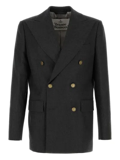 Vivienne Westwood Grey Double-breasted Jacket With Wide Peak Lapels In Wool Man In Gray