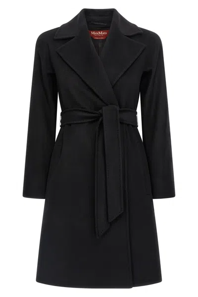 Max Mara Long Virgin Wool Coat With Pointed Collar In Black