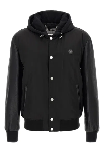 Philipp Plein Bomber Jacket Leather Sleeves In Black