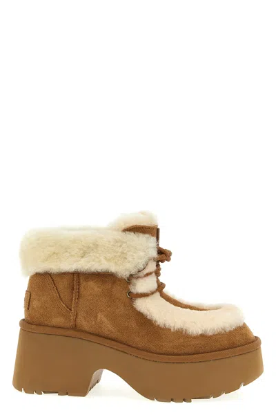 Ugg Esmee Beige Ankle Boots With Fur Detailing And Platform In Suede Woman In Brown
