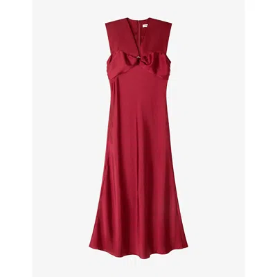 Sandro Womens Bordeaux V-neck Sleeveless Satin Maxi Dress In Red