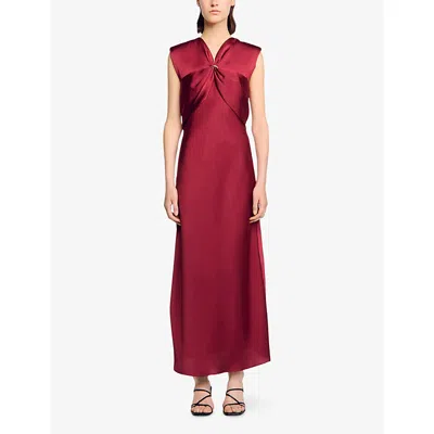 Sandro Womens Bordeaux V-neck Sleeveless Satin Maxi Dress In Red