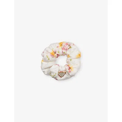 Prada Womens Pink Floral-print Satin Hair Scrunch In White