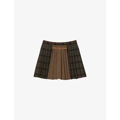 Sandro Short Checked Pleated Skirt In Green