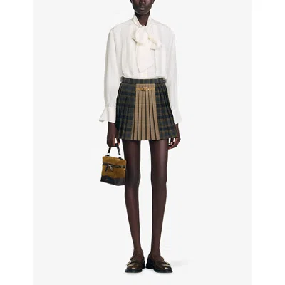 Sandro Short Checked Pleated Skirt In Green