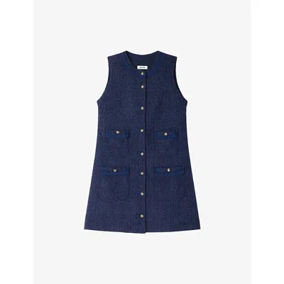 Sandro Womens Navy Blue Flap-pocket Sleeveless Tweed Mini Dress