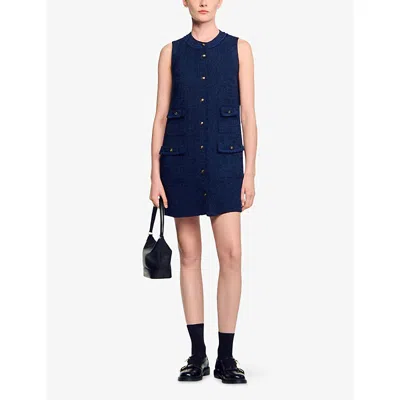 Sandro Womens Navy Blue Flap-pocket Sleeveless Tweed Mini Dress