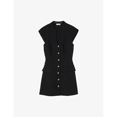 Sandro Womens Black Capped-sleeves Buttoned Knitted Mini Dress