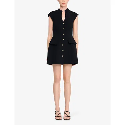 Sandro Womens Black Capped-sleeves Buttoned Knitted Mini Dress