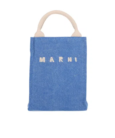Marni Shopper Bag With Shoulder Strap And Top Handles In Blue
