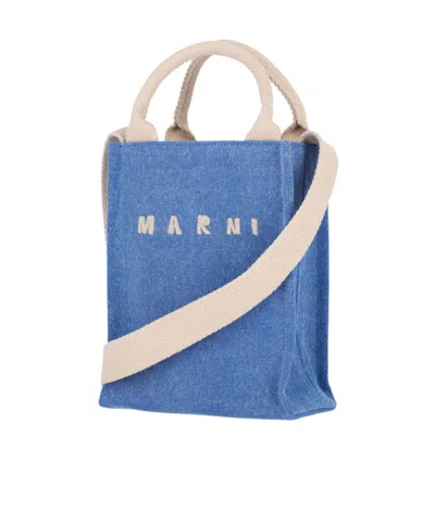 Marni Shopper Bag With Shoulder Strap And Top Handles In Blue