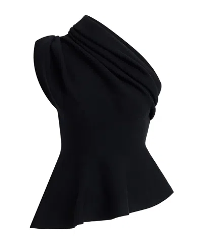 Khaite Aimee Asymmetric One-shoulder Wool-blend Peplum Top In Black