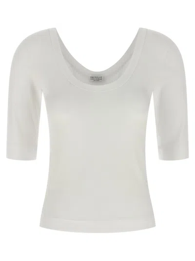 Brunello Cucinelli Ribbed Scoop Neck Stretch Fit T-shirt In White