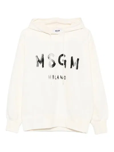 Msgm Classic Logo Print Hoodie With Raglan Sleeves In Neutral