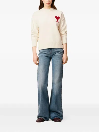 Ami Alexandre Mattiussi Heart Friend Wool Sweater With Exposed Stitching In White
