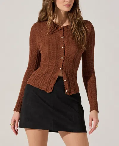 Astr Ottilie Pointelle Crochet Collar Cardigan In Brown In Brown