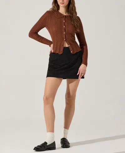 Astr Ottilie Pointelle Crochet Collar Cardigan In Brown In Brown