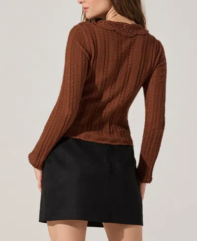 Astr Ottilie Pointelle Crochet Collar Cardigan In Brown In Brown