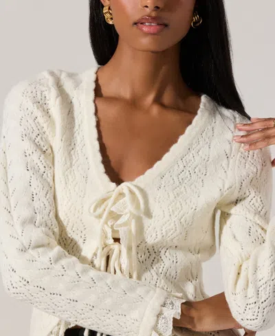 Astr Lacey Pointelle Tie-front Cardigan In Cream In White
