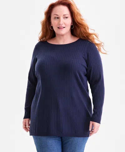 Style & Co Plus Size Solid Long-sleeve Sweater, Macy's Exclusive In Blue