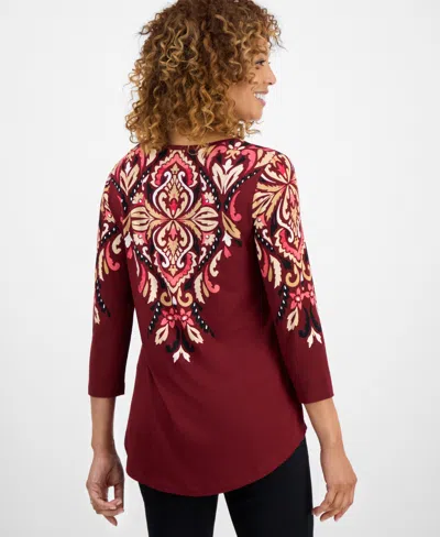 Jm Collection Women's Printed Scoop-neck 3/4-sleeve Top, Exclusively At Macy's In Red