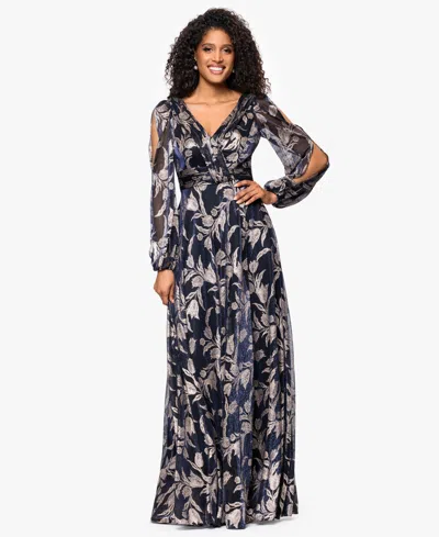 Betsy & Adam Petite "elisabeth" Foil Print V-neck Long Sleeve Floor Length Dress In Blue