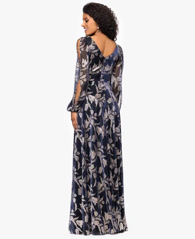 Betsy & Adam Petite "elisabeth" Foil Print V-neck Long Sleeve Floor Length Dress In Blue