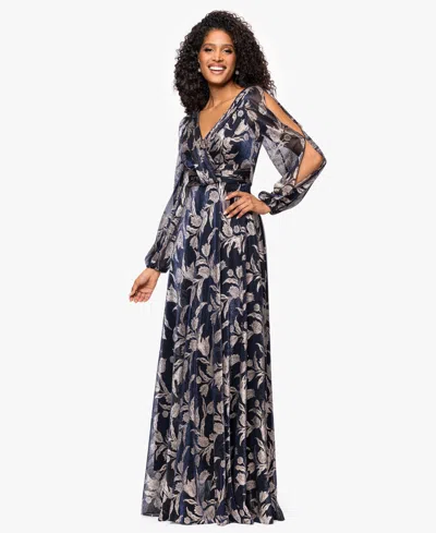 Betsy & Adam Petite "elisabeth" Foil Print V-neck Long Sleeve Floor Length Dress In Blue