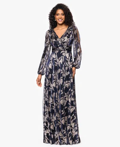 Betsy & Adam Petite "elisabeth" Foil Print V-neck Long Sleeve Floor Length Dress In Blue