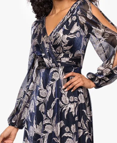 Betsy & Adam Petite "elisabeth" Foil Print V-neck Long Sleeve Floor Length Dress In Blue