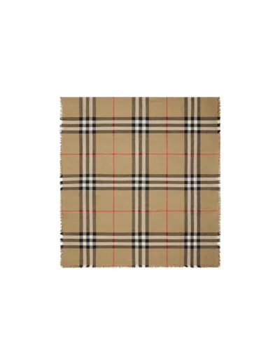 Burberry Lightweight Check Pattern Scarf With Fringed Edges In Brown