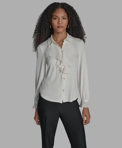 Bcbg Women's Button Down Ruffle Front Blouse In White