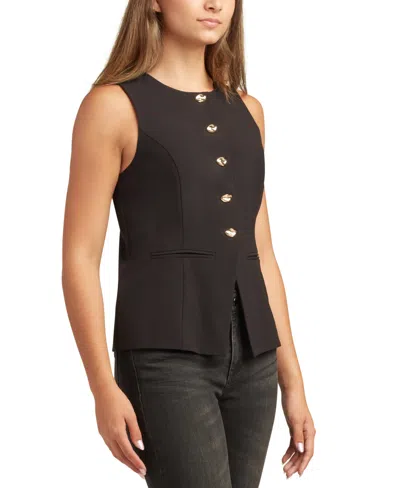 Bcx Juniors Round-neck Tropical Button-up Top In Black