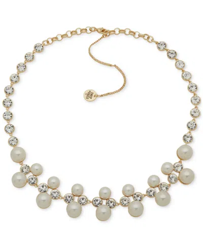 Emily In Paris Gold-tone Cubic Zirconia & Imitation Pearl Statement Necklace, 16" + 3" Extender In White