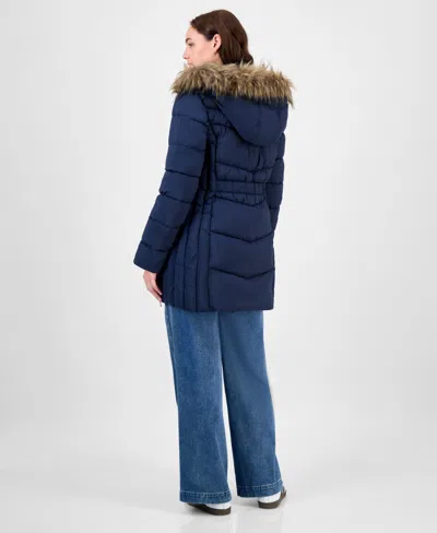 Maralyn & Me Juniors' Faux-fur Hooded Bibbed Puffer Coat In Blue