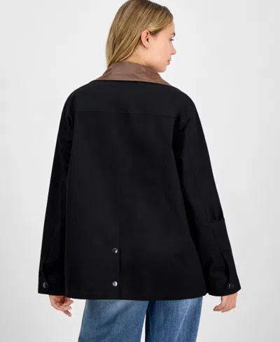 Maralyn & Me Juniors' Contrast-collar Snap-front Barn Jacket, Exclusively At Macy's In Black