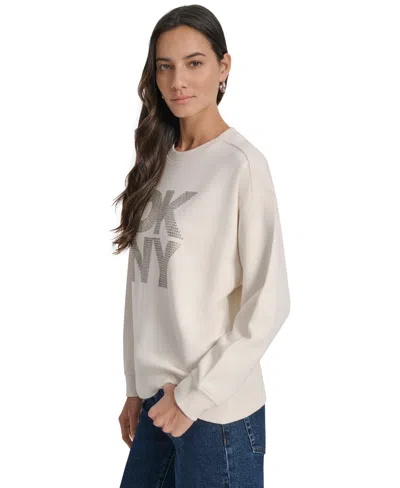 Dkny Jeans Womens Rhinestone Logo Cotton Crewneck Sweatshirt Pxs Xl In White