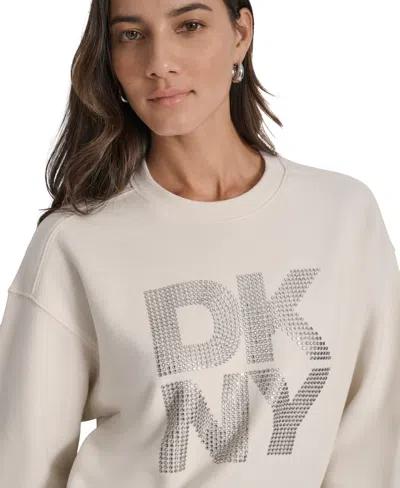 Dkny Jeans Womens Rhinestone Logo Cotton Crewneck Sweatshirt Pxs Xl In White