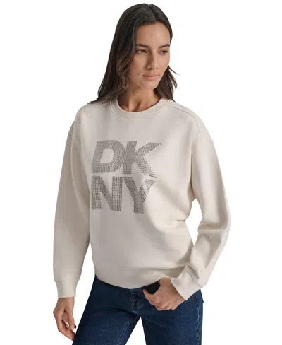 Dkny Jeans Womens Rhinestone Logo Cotton Crewneck Sweatshirt Pxs Xl In White