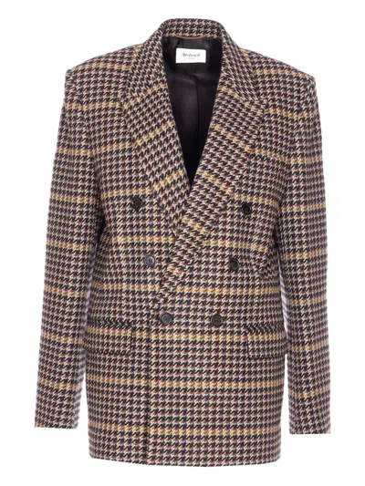 Saint Laurent Brown Double-breasted Jacket With Notched Revers And All-over Check Motif In Wool Woman