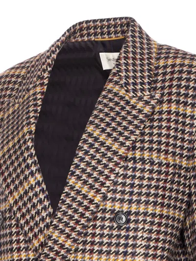 Saint Laurent Brown Double-breasted Jacket With Notched Revers And All-over Check Motif In Wool Woman