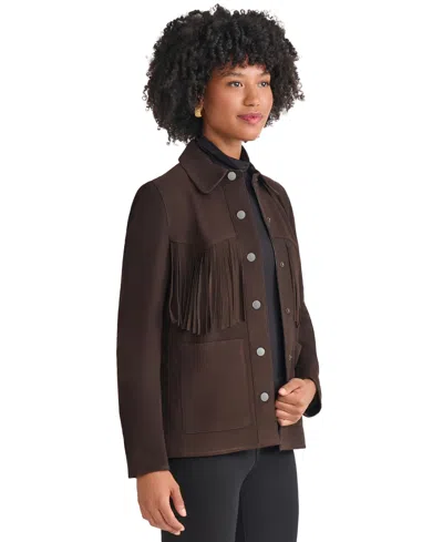 Jones New York Womens Fringe Suede Patch Long Sleeve Jacket Pxs Xl In Brown