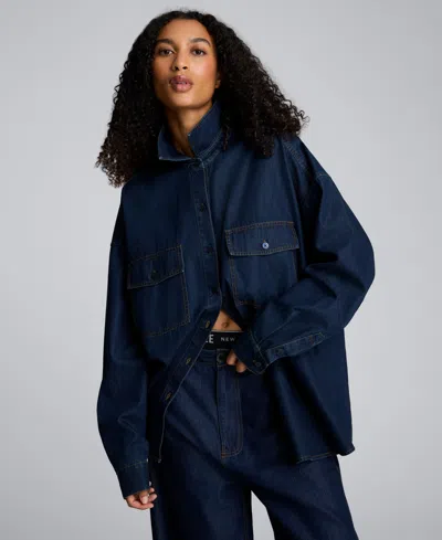 Kenneth Cole Drapey Denim Button Up Oversized Shirt In Blue