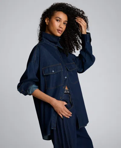 Kenneth Cole Drapey Denim Button Up Oversized Shirt In Blue