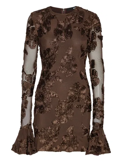 Rotate Birger Christensen Brown Crewneck Mini Dress With Flared Long Sleeves In Tech Fabric Stretch Woman In Animal Print