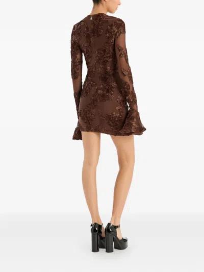 Rotate Birger Christensen Brown Crewneck Mini Dress With Flared Long Sleeves In Tech Fabric Stretch Woman In Animal Print