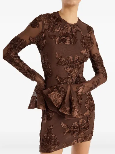 Rotate Birger Christensen Brown Crewneck Mini Dress With Flared Long Sleeves In Tech Fabric Stretch Woman In Animal Print