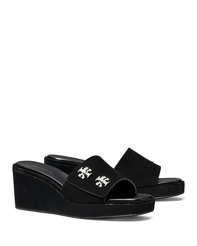 Tory Burch Turnlock Suede Wedge Sandals In Black