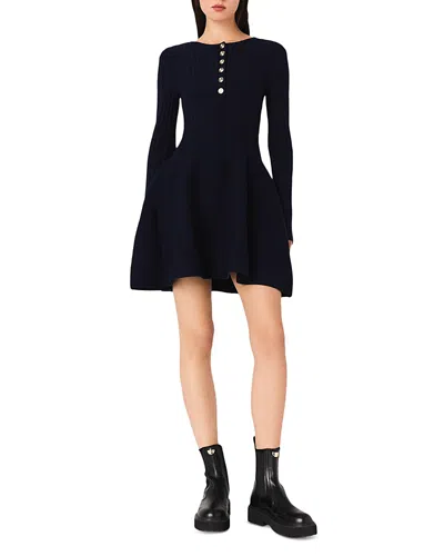 Maje Womens Navy Round-neck Flared-skirt Stretch-knit Mini Dress In Blue